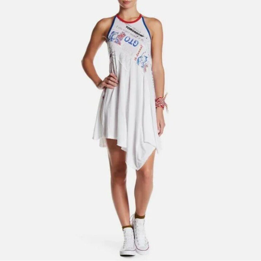 Free People Batter Up Open back Mini Dress White Combo Red Blue Medium